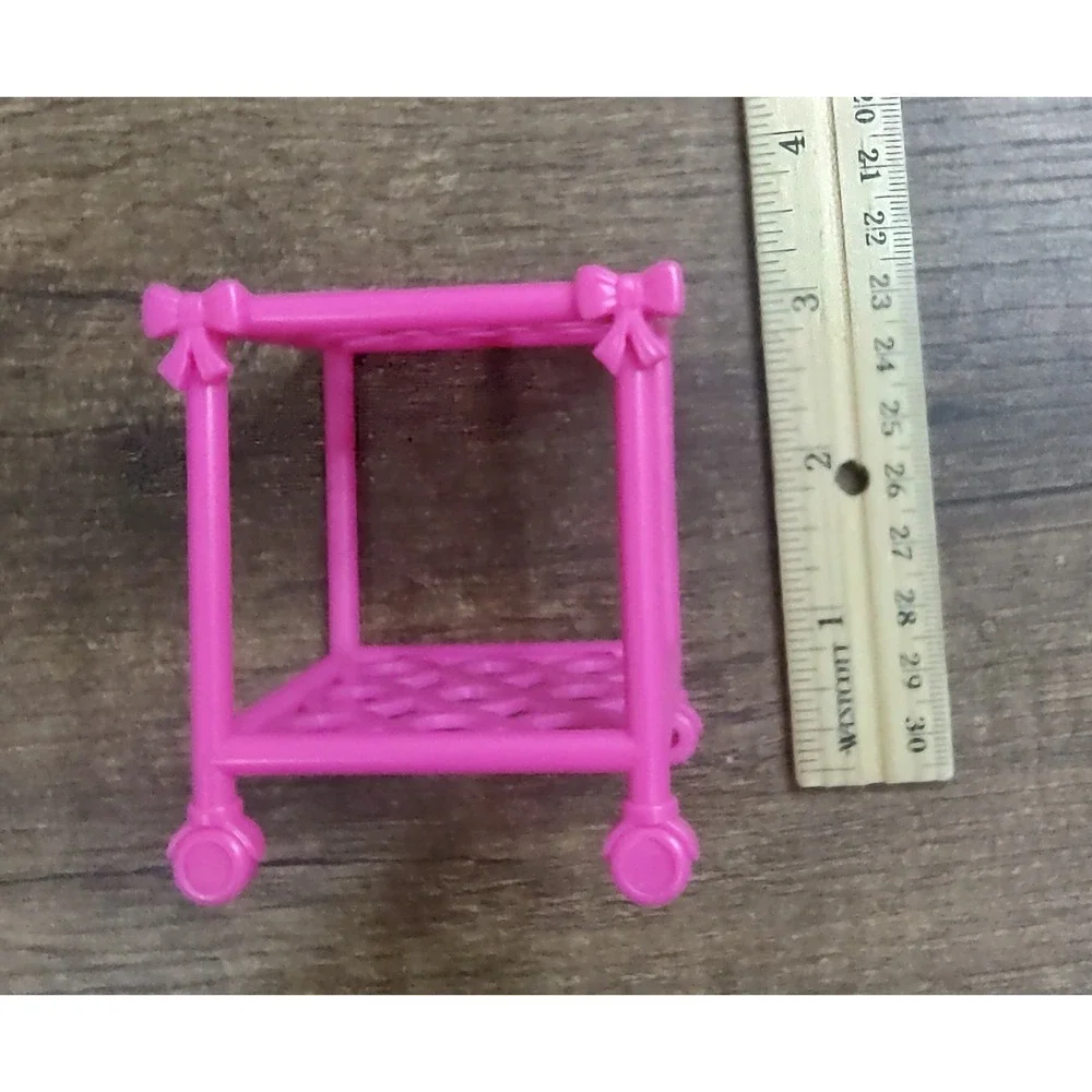 Fashion Doll House Furniture Bedside Side Table On Wheels Hop Pink Bow Detail